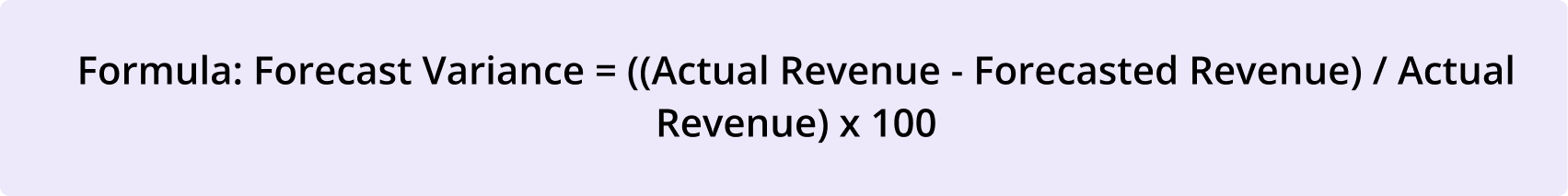 Formula for forecast variance: ((Actual Revenue − Forecasted Revenue) ÷ Actual Revenue) × 100, displayed in bold black text on a light purple background.